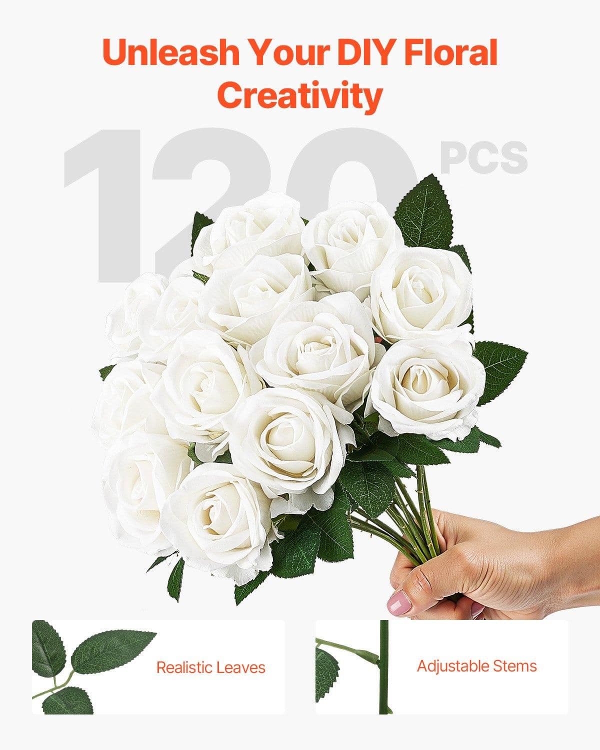 image-VEVOR Artificial Flowers, 120 pcs Real Looking White Foam Fake Roses Bulk, White Faux Bridal Shower with Stems for DIY Wedding Bouquets, Home Centerpieces Arrangements, Party Tables Decorations