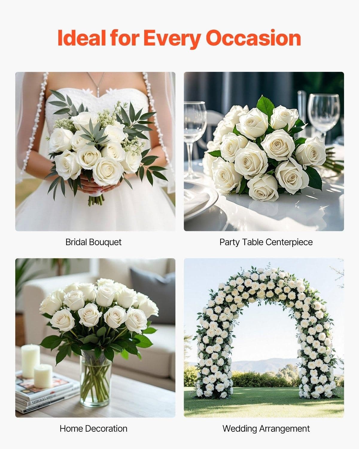 image-VEVOR Artificial Flowers, 120 pcs Real Looking White Foam Fake Roses Bulk, White Faux Bridal Shower with Stems for DIY Wedding Bouquets, Home Centerpieces Arrangements, Party Tables Decorations