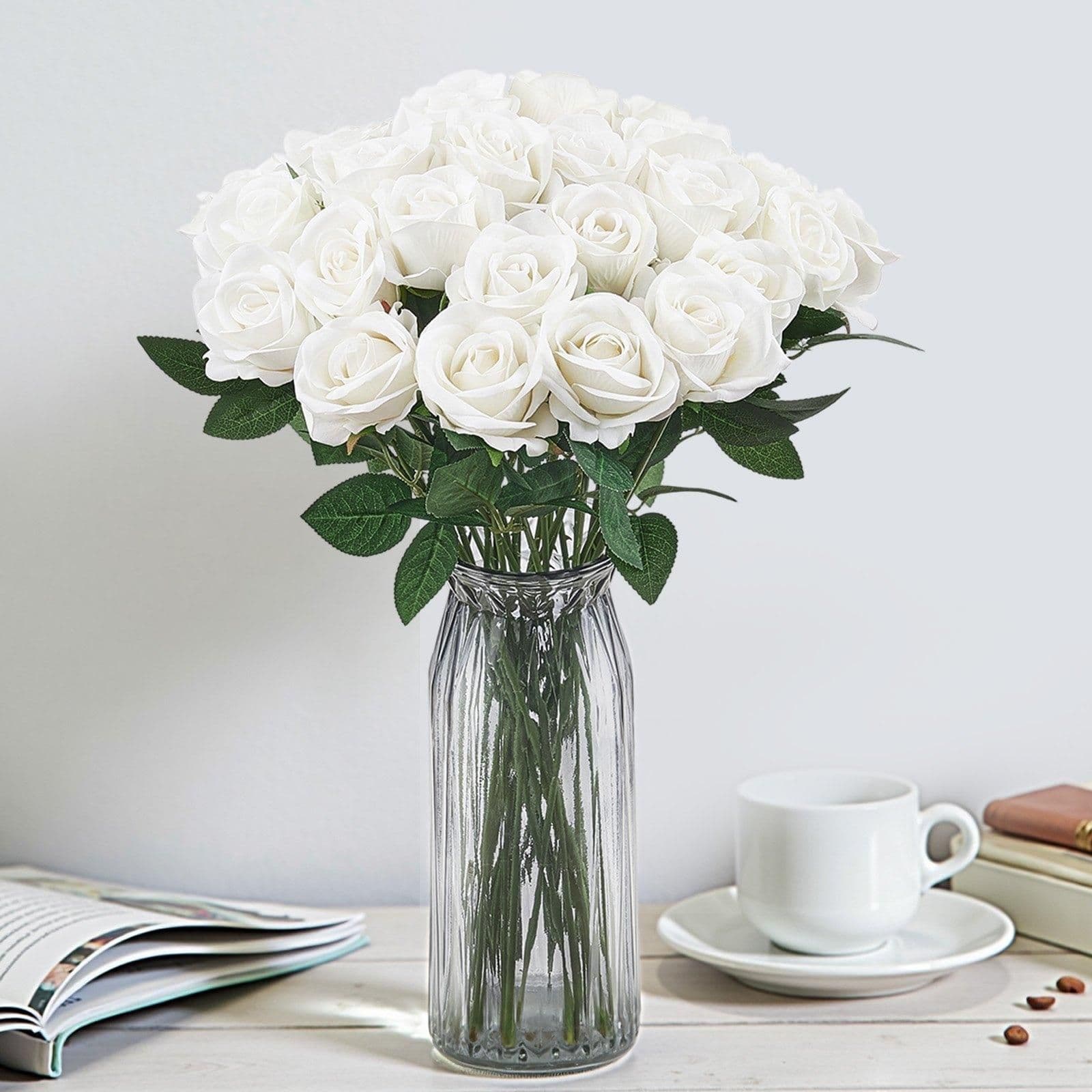 image-VEVOR Artificial Flowers, 120 pcs Real Looking White Foam Fake Roses Bulk, White Faux Bridal Shower with Stems for DIY Wedding Bouquets, Home Centerpieces Arrangements, Party Tables Decorations