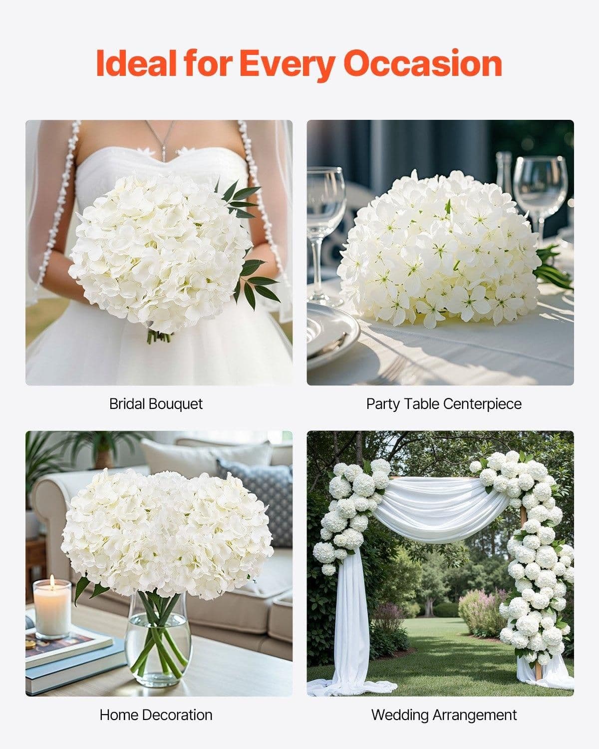 image-VEVOR Artificial Flowers, 205 pcs Real Looking White Silk Fake Hydrangea Bulk, White Faux Bridal Shower with Stems for DIY Wedding Bouquets, Home Centerpieces Arrangements, Party Tables Decorations
