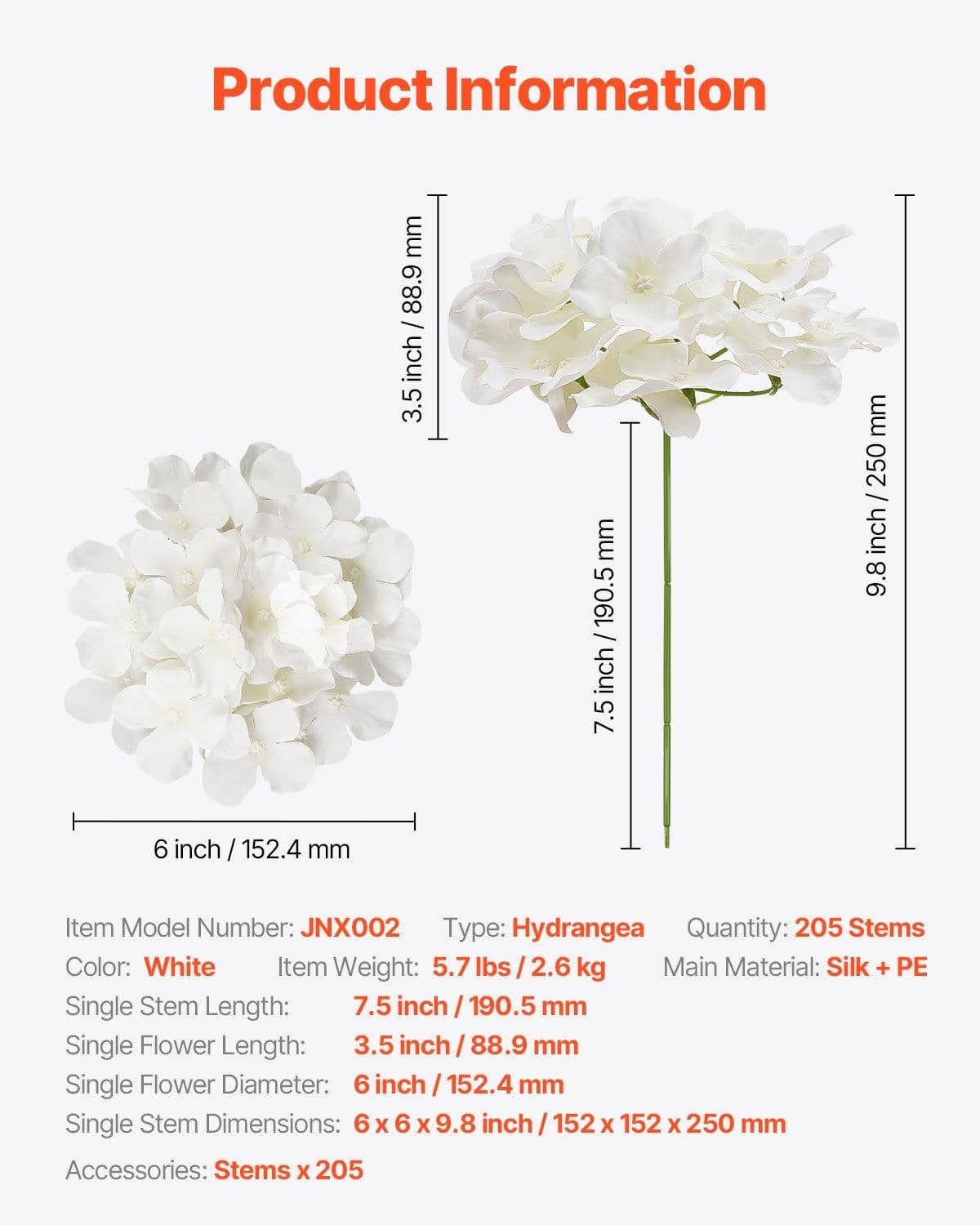 image-VEVOR Artificial Flowers, 205 pcs Real Looking White Silk Fake Hydrangea Bulk, White Faux Bridal Shower with Stems for DIY Wedding Bouquets, Home Centerpieces Arrangements, Party Tables Decorations