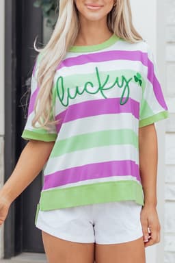 image-Green Stripe Lucky Clover Embroidered Graphic Dolman Loose Tee