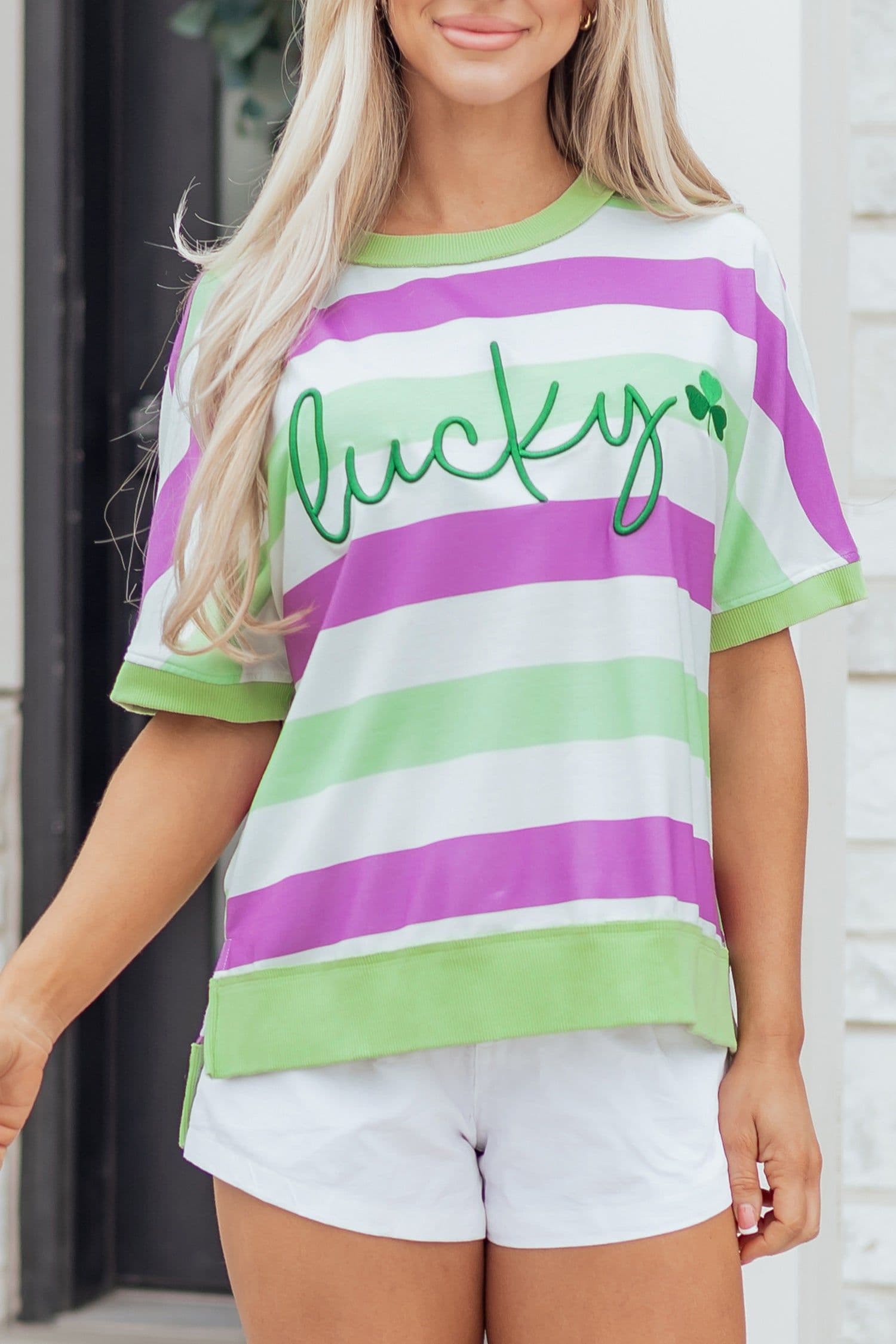 image-Green Stripe Lucky Clover Embroidered Graphic Dolman Loose Tee