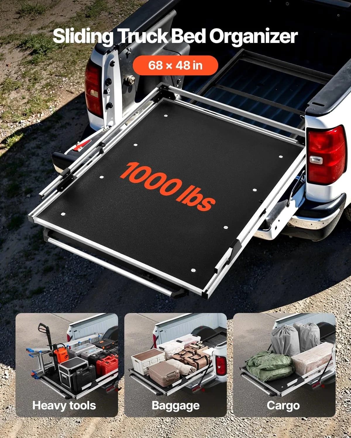 image-VEVOR Sliding Truck Bed Organizer, 68 x 48-Inch Heavy Duty Truck Bed Storage Drawer with 1000 lbs Capacity, Features 6 Movable Rings for Securing, 2-Postion Slide out Tray for Pickup Trucks, Black