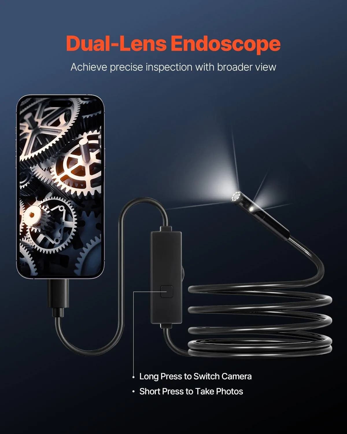 image-VEVOR Endoscope Camera with Light, Dual Lens Borescope for Android & IOS, 1920P HD Inspection Camera with 8 + 1 LED Lights, 2X Zoom, 10FT Snake Cable, IP67 Waterproof Snake Camera for Auto, Plumbing