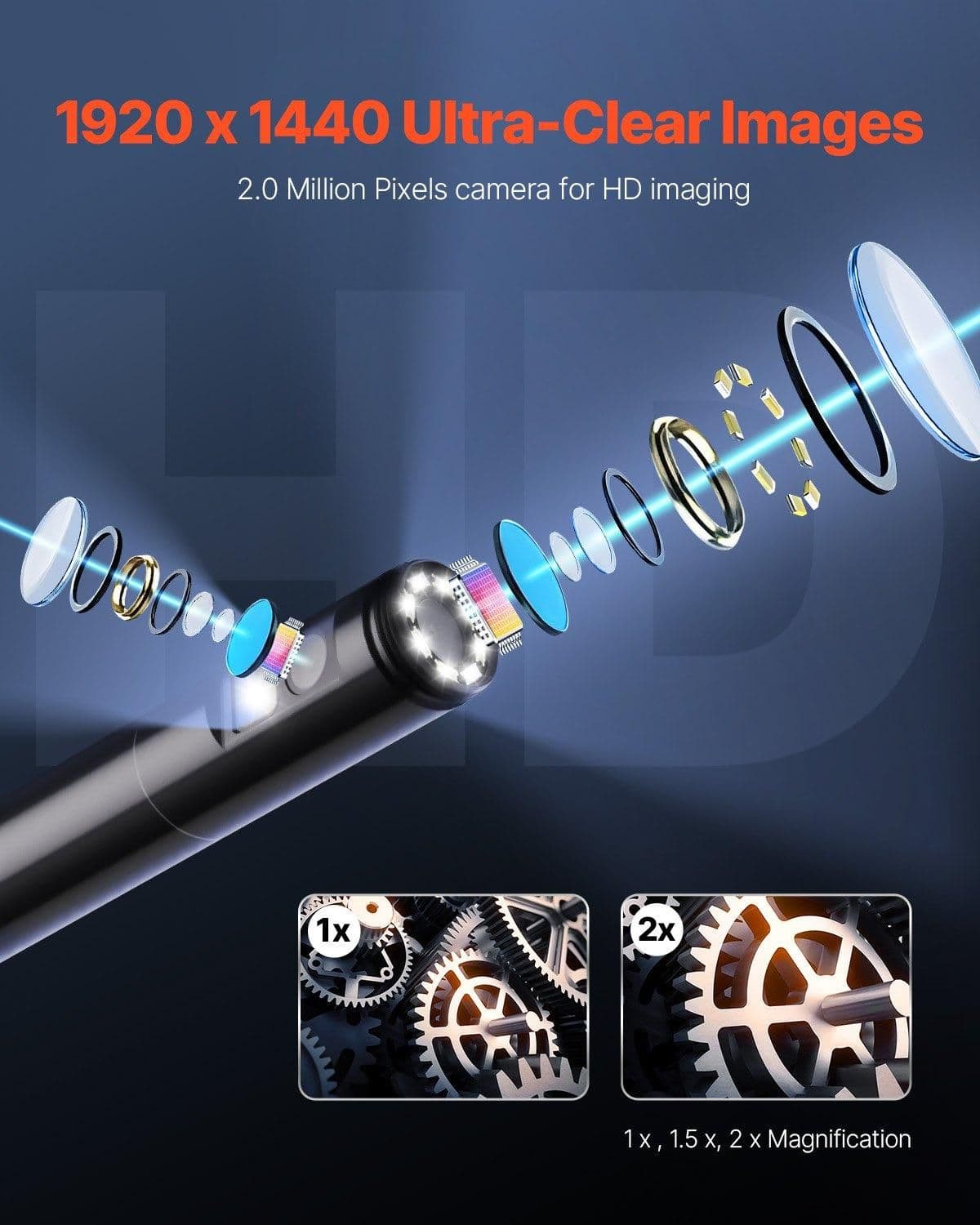 image-VEVOR Endoscope Camera with Light, Dual Lens Borescope for Android & IOS, 1920P HD Inspection Camera with 8 + 1 LED Lights, 2X Zoom, 10FT Snake Cable, IP67 Waterproof Snake Camera for Auto, Plumbing