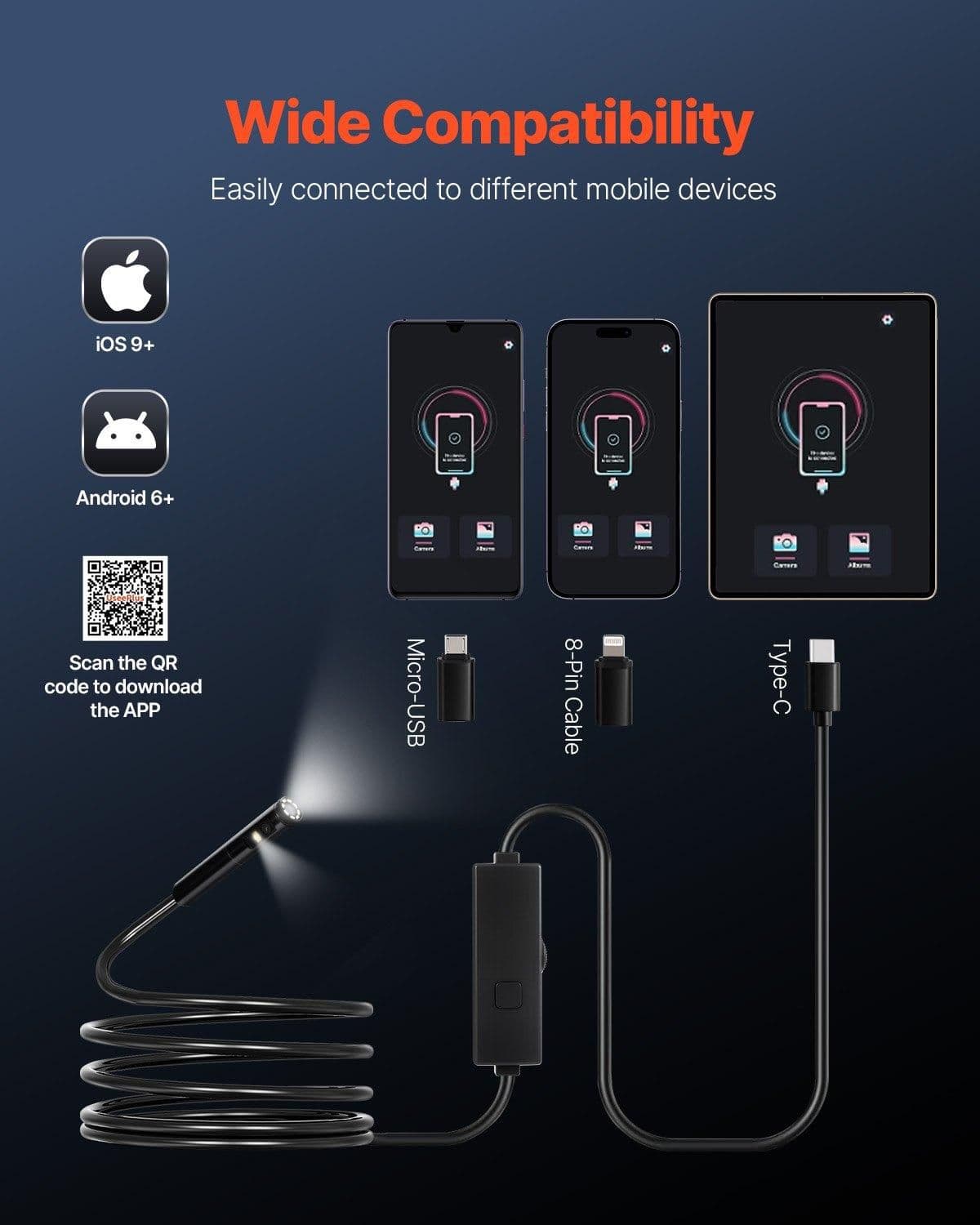 image-VEVOR Endoscope Camera with Light, Dual Lens Borescope for Android & IOS, 1920P HD Inspection Camera with 8 + 1 LED Lights, 2X Zoom, 10FT Snake Cable, IP67 Waterproof Snake Camera for Auto, Plumbing