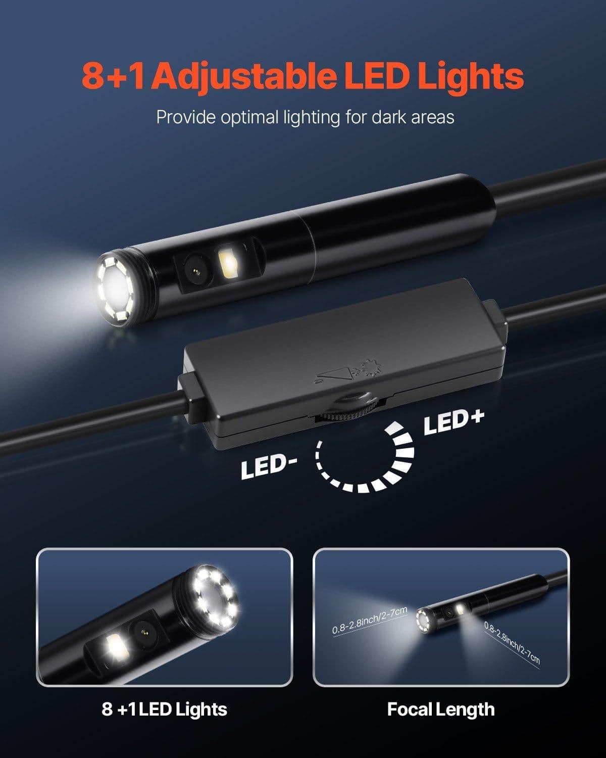 image-VEVOR Endoscope Camera with Light, Dual Lens Borescope for Android & IOS, 1920P HD Inspection Camera with 8 + 1 LED Lights, 2X Zoom, 10FT Snake Cable, IP67 Waterproof Snake Camera for Auto, Plumbing