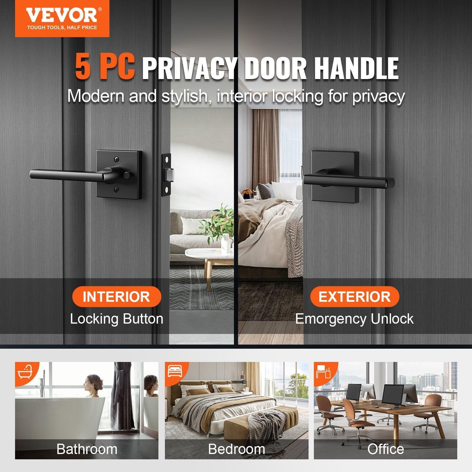 image-VEVOR Privacy Door Handle, 5-Pack Matte Black Door Lever, Right or Left Handing Reversible Lever with Keyless Lock, 45° Rotation to Open, Universal Square Interior for Bathroom and Bedroom Doors