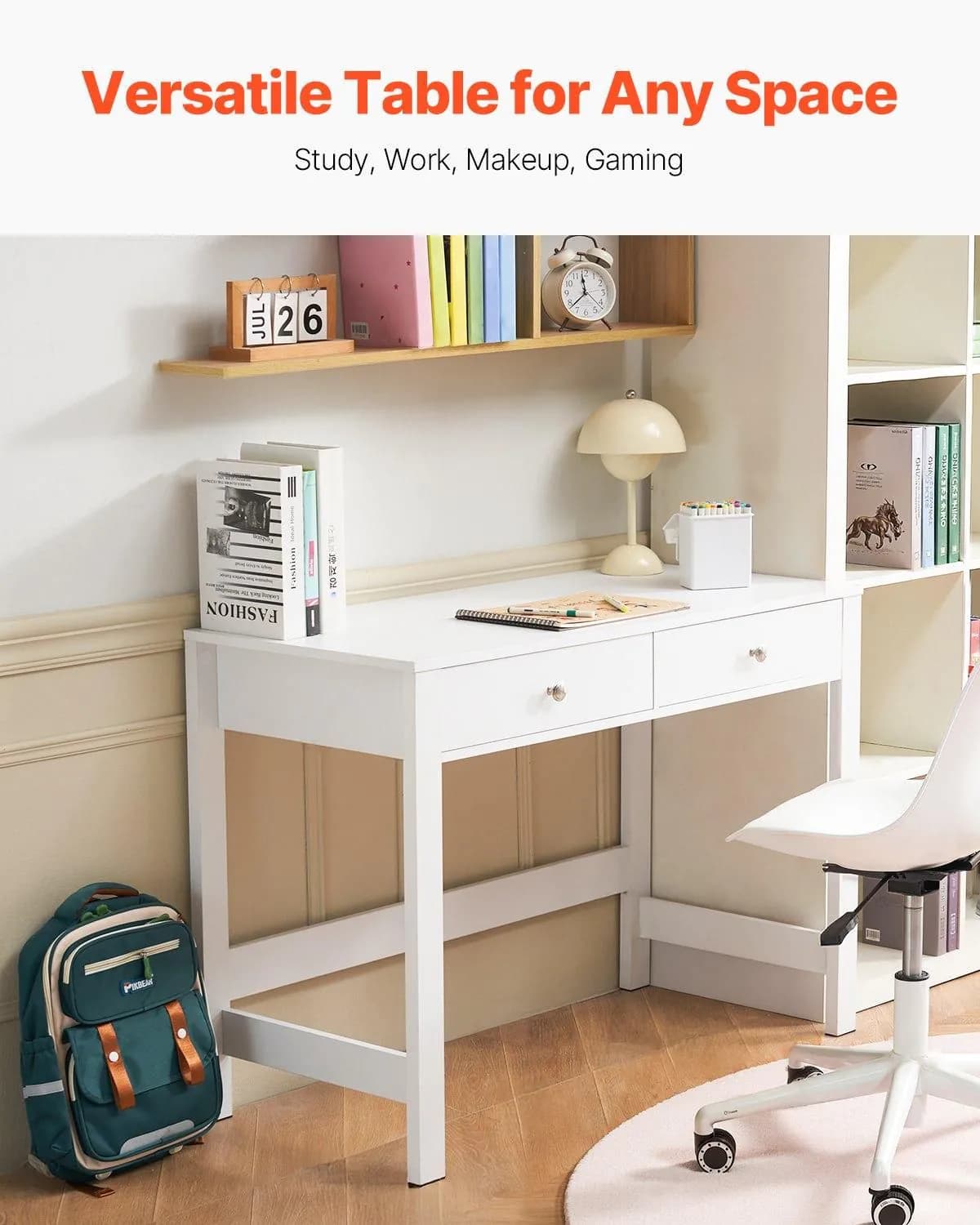 image-VEVOR Small Desk with Drawers, Kids Desk for Bedroom, Modern Simple Study Table for Drawing, Reading, Writing, Rectangle MDF Furniture Study Storage Table for Home, Office, White