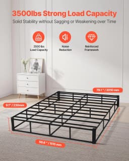 image-VEVOR Box Spring, Queen Size Bed Frame with Washable Fabric Cloth, Heavy Duty Metal Frame for Queen Bed, 9 in Mattress Foundation, 3500 lbs Max Weight Capacity, Easy Assembly, 79.1L x 59.6W x 9.1H in