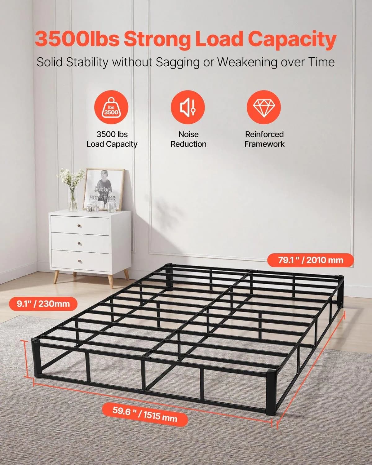 image-VEVOR Box Spring, Queen Size Bed Frame with Washable Fabric Cloth, Heavy Duty Metal Frame for Queen Bed, 9 in Mattress Foundation, 3500 lbs Max Weight Capacity, Easy Assembly, 79.1L x 59.6W x 9.1H in