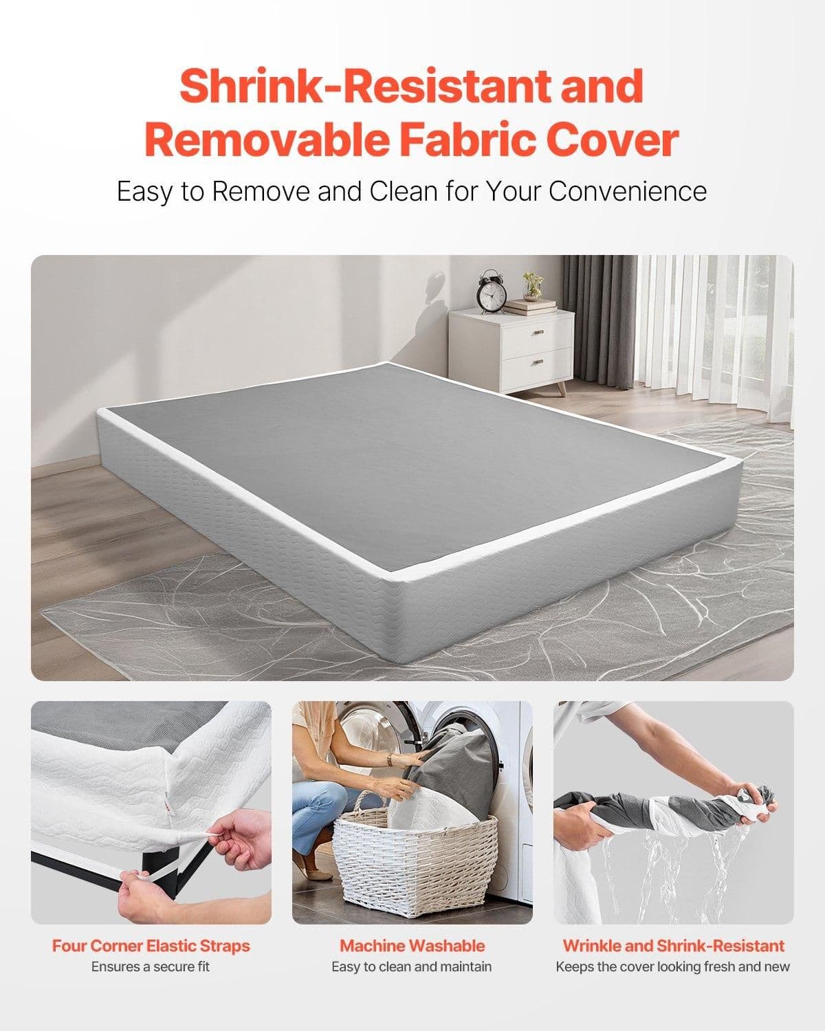 image-VEVOR Box Spring, Queen Size Bed Frame with Washable Fabric Cloth, Heavy Duty Metal Frame for Queen Bed, 9 in Mattress Foundation, 3500 lbs Max Weight Capacity, Easy Assembly, 79.1L x 59.6W x 9.1H in