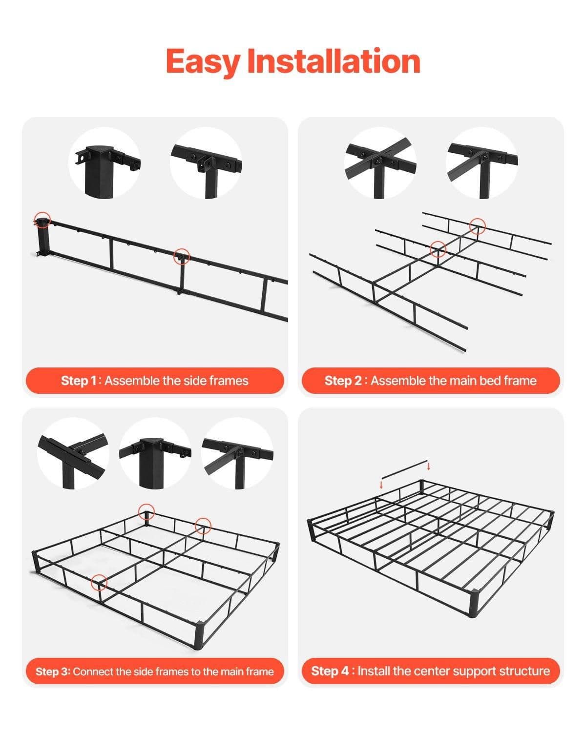 image-VEVOR Box Spring, Queen Size Bed Frame with Washable Fabric Cloth, Heavy Duty Metal Frame for Queen Bed, 9 in Mattress Foundation, 3500 lbs Max Weight Capacity, Easy Assembly, 79.1L x 59.6W x 9.1H in