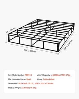 image-VEVOR Box Spring, Queen Size Bed Frame with Washable Fabric Cloth, Heavy Duty Metal Frame for Queen Bed, 9 in Mattress Foundation, 3500 lbs Max Weight Capacity, Easy Assembly, 79.1L x 59.6W x 9.1H in