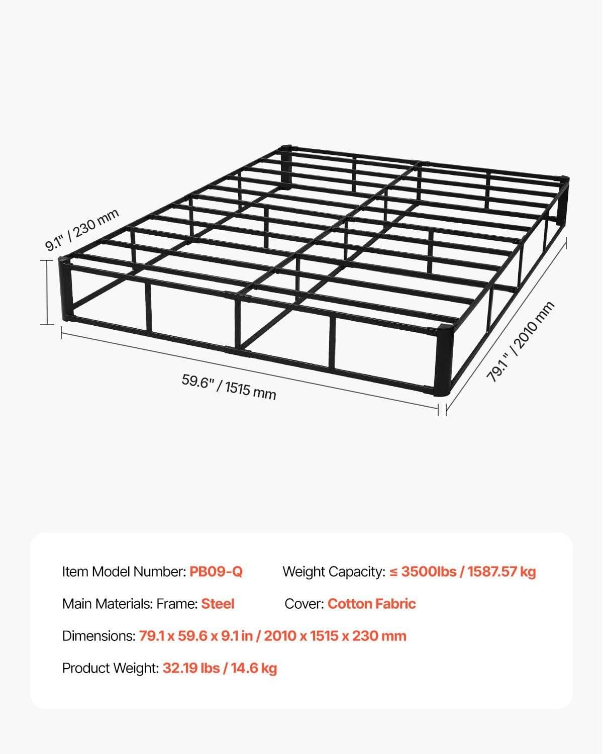 image-VEVOR Box Spring, Queen Size Bed Frame with Washable Fabric Cloth, Heavy Duty Metal Frame for Queen Bed, 9 in Mattress Foundation, 3500 lbs Max Weight Capacity, Easy Assembly, 79.1L x 59.6W x 9.1H in