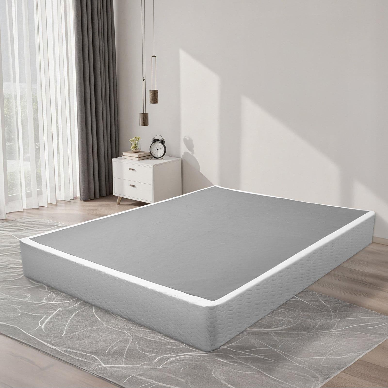 image-VEVOR Box Spring, Queen Size Bed Frame with Washable Fabric Cloth, Heavy Duty Metal Frame for Queen Bed, 9 in Mattress Foundation, 3500 lbs Max Weight Capacity, Easy Assembly, 79.1L x 59.6W x 9.1H in
