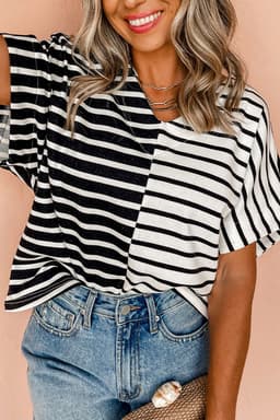 image-Black Stripe Two Tone Colorblock V Neck T Shirt