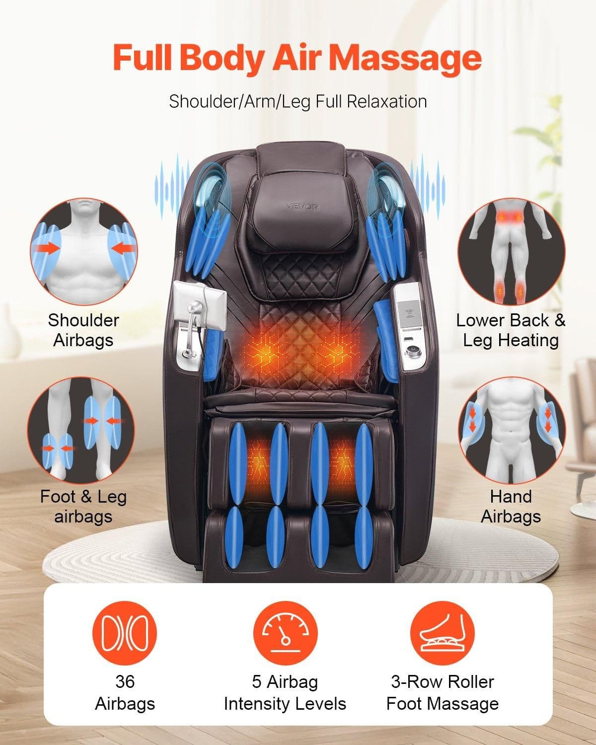 image-VEVOR Massage Chair, 4D Full Body Zero Gravity Recliner with SL Track, Yoga Stretch, AI Voice Control, Heat, Foot Roller, Retractable Pedal, 36 Airbags, LCD, Armrest Controls, Rolling Base