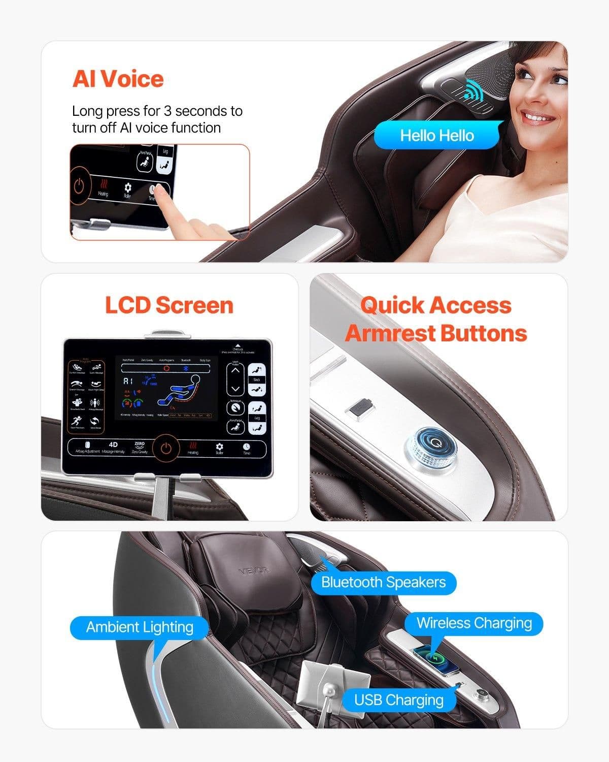 image-VEVOR Massage Chair, 4D Full Body Zero Gravity Recliner with SL Track, Yoga Stretch, AI Voice Control, Heat, Foot Roller, Retractable Pedal, 36 Airbags, LCD, Armrest Controls, Rolling Base