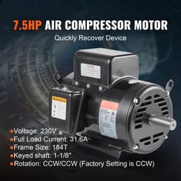 image-VEVOR 7.5HP Air Compressor Motor, 230V 31.6 Amps Electric Motor, 3450RPM 184T Frame, 1-1/8" Keyed Shaft, 2.75" Shaft Length for Air Compressors, Single Phase, CCW/CCW (Factory Setting is CCW)