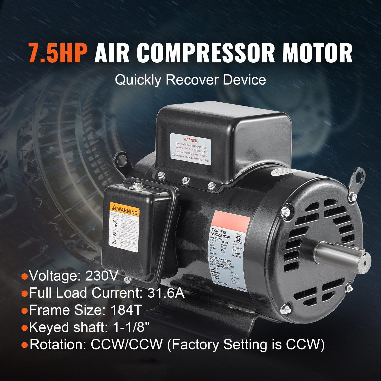 image-VEVOR 7.5HP Air Compressor Motor, 230V 31.6 Amps Electric Motor, 3450RPM 184T Frame, 1-1/8" Keyed Shaft, 2.75" Shaft Length for Air Compressors, Single Phase, CCW/CCW (Factory Setting is CCW)