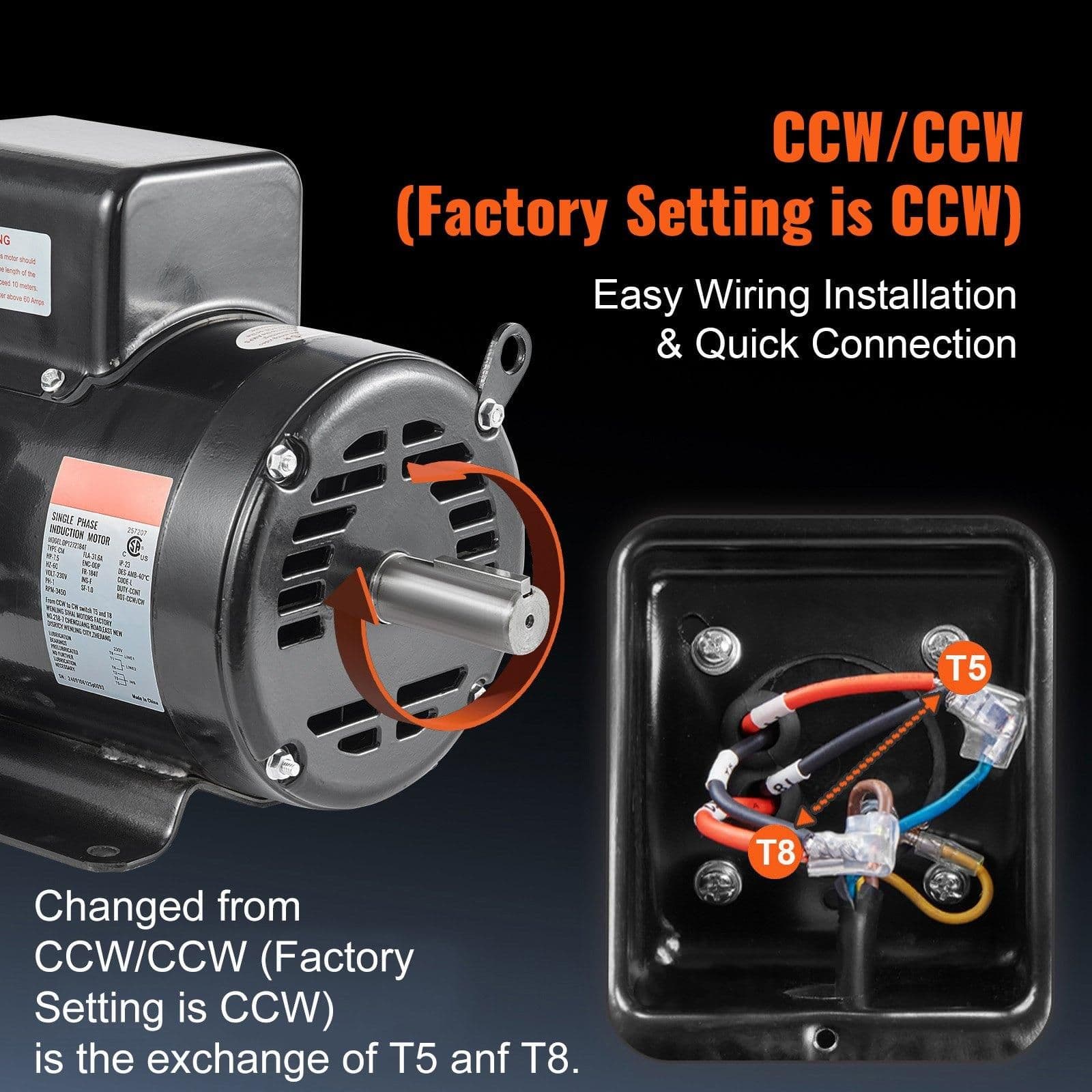 image-VEVOR 7.5HP Air Compressor Motor, 230V 31.6 Amps Electric Motor, 3450RPM 184T Frame, 1-1/8" Keyed Shaft, 2.75" Shaft Length for Air Compressors, Single Phase, CCW/CCW (Factory Setting is CCW)