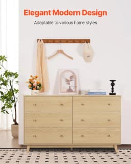 image-VEVOR 6 Drawer Dresser, Wooden Chest of Drawers with Sliding with Anti-tip Device, Modern Minimalist Dresser Chest, Closet Storage Organizer for Living Room, Hallway, Bedroom, Entryway, Light Wood