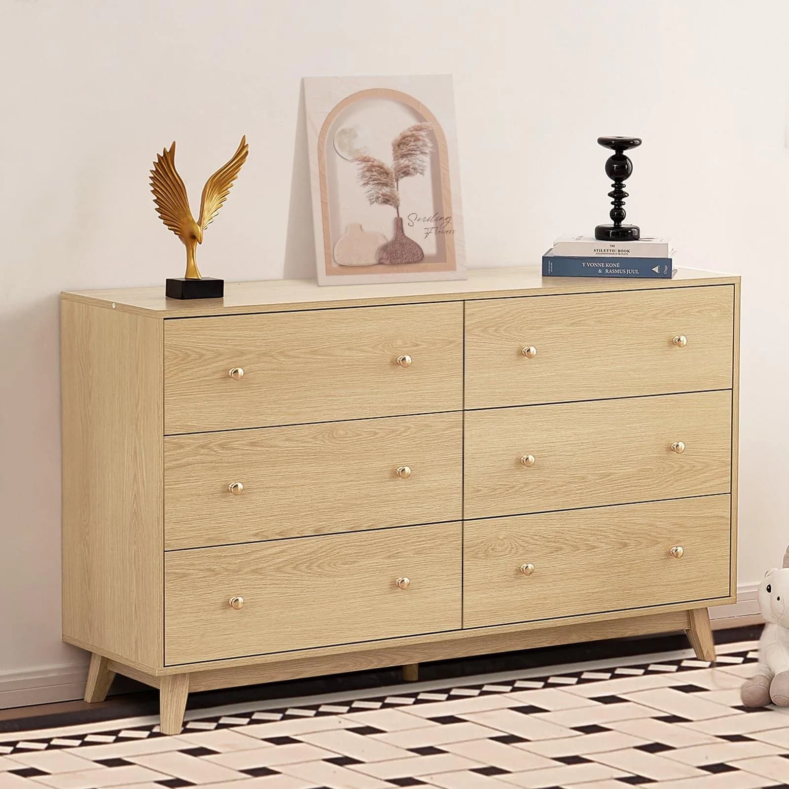 image-VEVOR 6 Drawer Dresser, Wooden Chest of Drawers with Sliding with Anti-tip Device, Modern Minimalist Dresser Chest, Closet Storage Organizer for Living Room, Hallway, Bedroom, Entryway, Light Wood