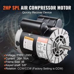 image-VEVOR 2HP SPL Air Compressor Electric Motor, 115/230V, 20/10 Amps, 56 Frame 3450RPM, 5/8" Keyed Shaft, 1.88" Shaft Length, Single Phase, CCW/CW (Factory Setting is CCW)