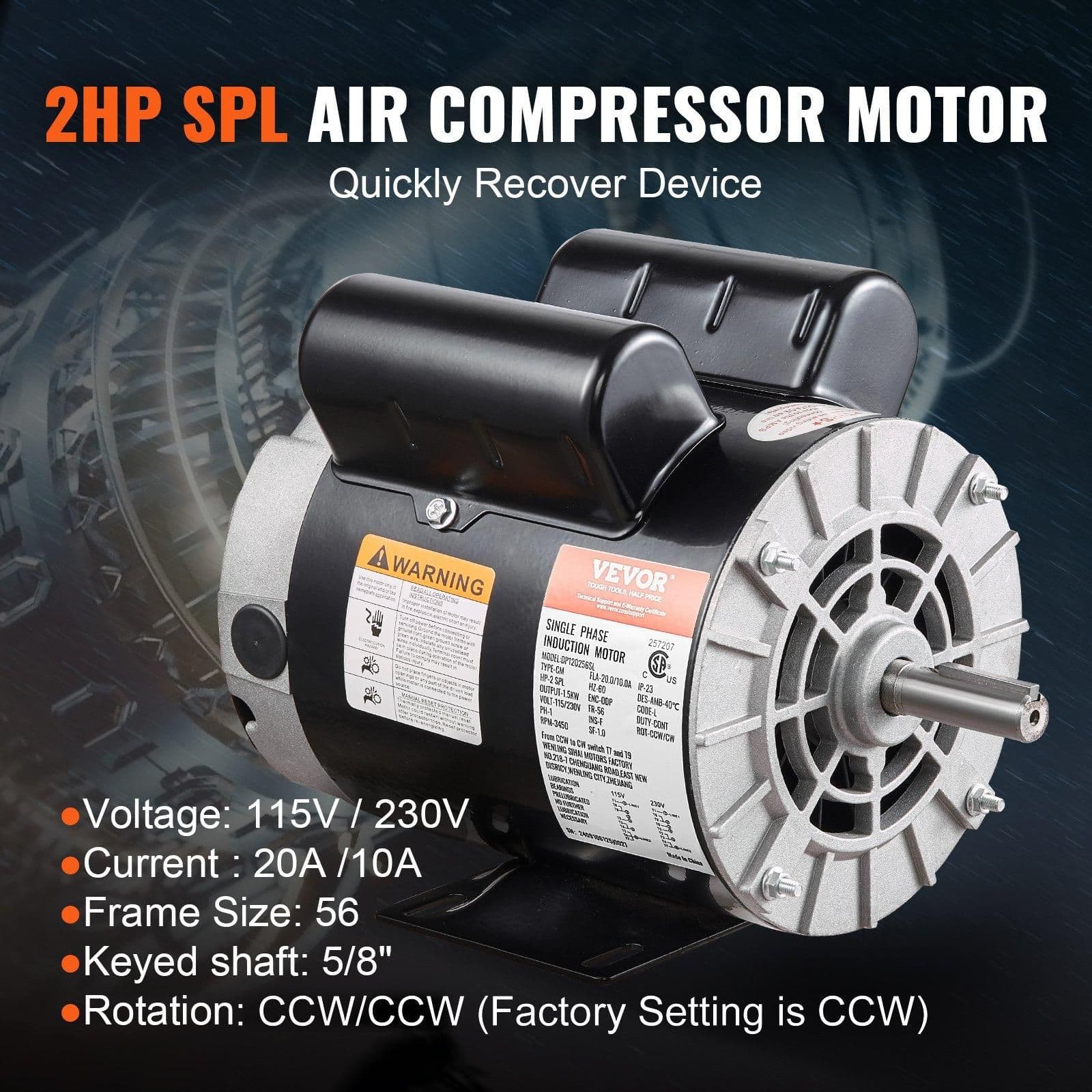 image-VEVOR 2HP SPL Air Compressor Electric Motor, 115/230V, 20/10 Amps, 56 Frame 3450RPM, 5/8" Keyed Shaft, 1.88" Shaft Length, Single Phase, CCW/CW (Factory Setting is CCW)