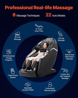 image-VEVOR Dual-Core 4D+3D Full Body Massage Chair, with Extended SL Track, Deep Yoga Stretch, Electric Extendable Footrest, TFT, AI Voice Control, Heat, Airbags, Armrest Controls, Wheels