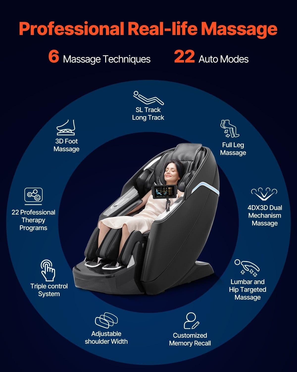 image-VEVOR Dual-Core 4D+3D Full Body Massage Chair, with Extended SL Track, Deep Yoga Stretch, Electric Extendable Footrest, TFT, AI Voice Control, Heat, Airbags, Armrest Controls, Wheels