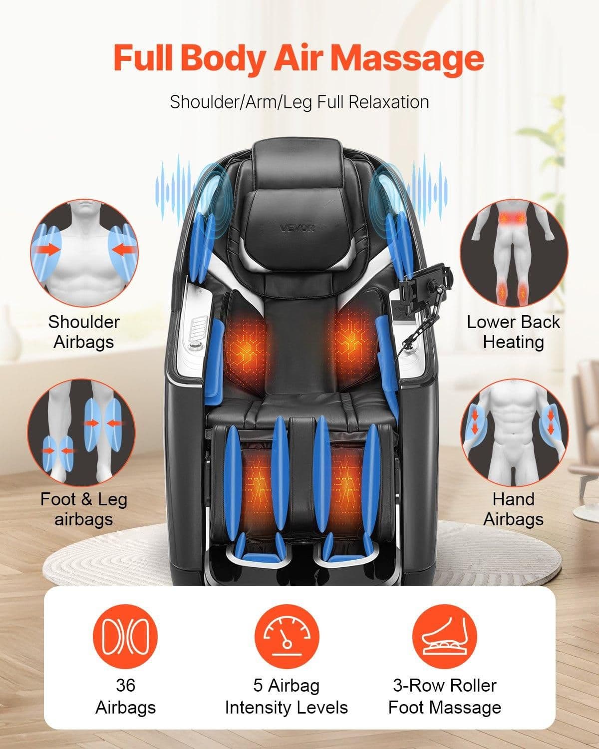image-VEVOR Dual-Core 4D+3D Full Body Massage Chair, with Extended SL Track, Deep Yoga Stretch, Electric Extendable Footrest, TFT, AI Voice Control, Heat, Airbags, Armrest Controls, Wheels