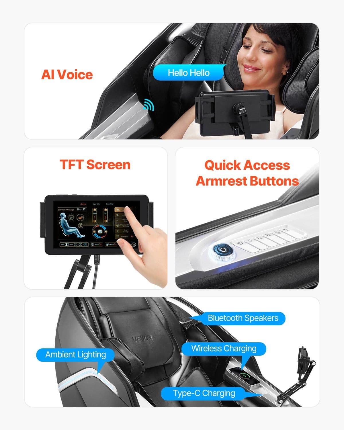 image-VEVOR Dual-Core 4D+3D Full Body Massage Chair, with Extended SL Track, Deep Yoga Stretch, Electric Extendable Footrest, TFT, AI Voice Control, Heat, Airbags, Armrest Controls, Wheels
