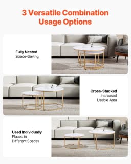 image-VEVOR Nesting Coffee Table Set of 2, 31.5 in Round Coffee Table, Nesting Tables for Small Place, Vintage End Side Tables Night Stand with Metal Frame, for Living Room, Bedroom, Office (White & Gold)