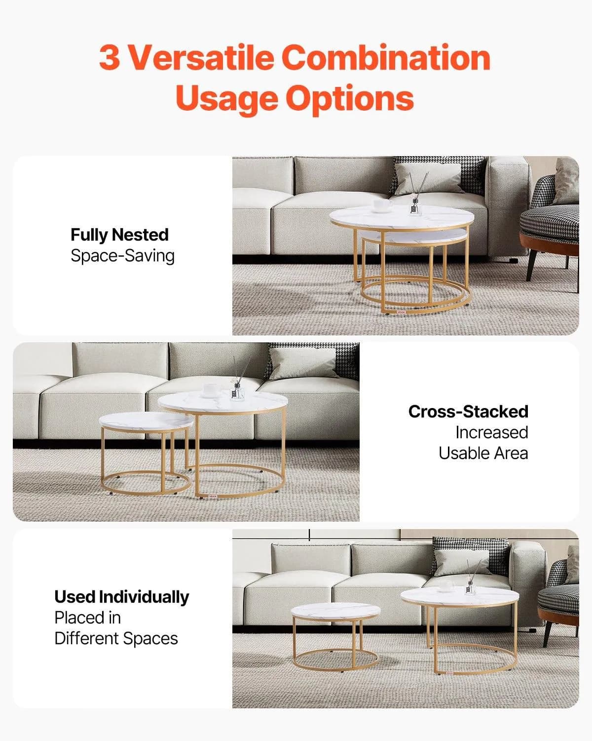 image-VEVOR Nesting Coffee Table Set of 2, 31.5 in Round Coffee Table, Nesting Tables for Small Place, Vintage End Side Tables Night Stand with Metal Frame, for Living Room, Bedroom, Office (White & Gold)