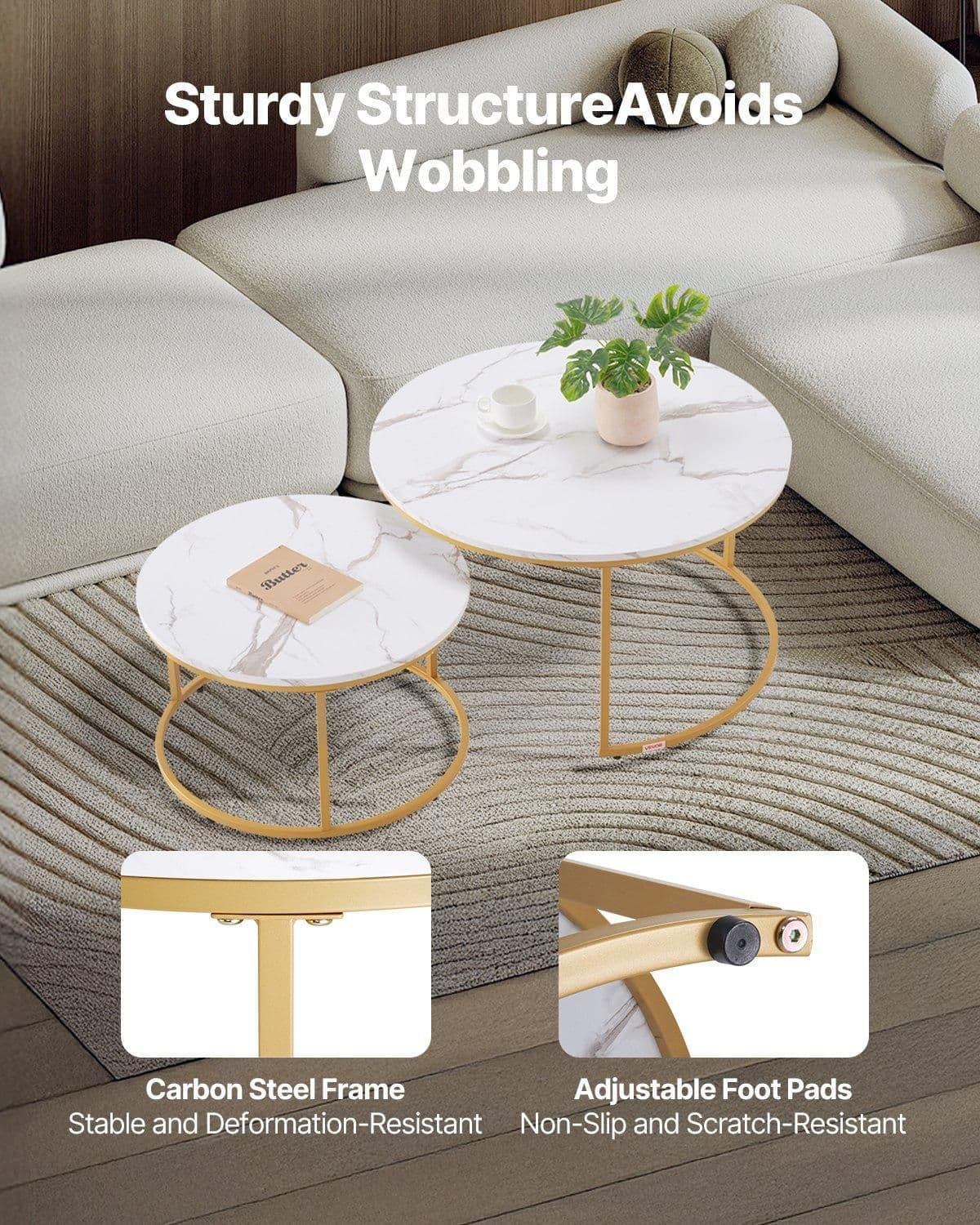 image-VEVOR Nesting Coffee Table Set of 2, 31.5 in Round Coffee Table, Nesting Tables for Small Place, Vintage End Side Tables Night Stand with Metal Frame, for Living Room, Bedroom, Office (White & Gold)