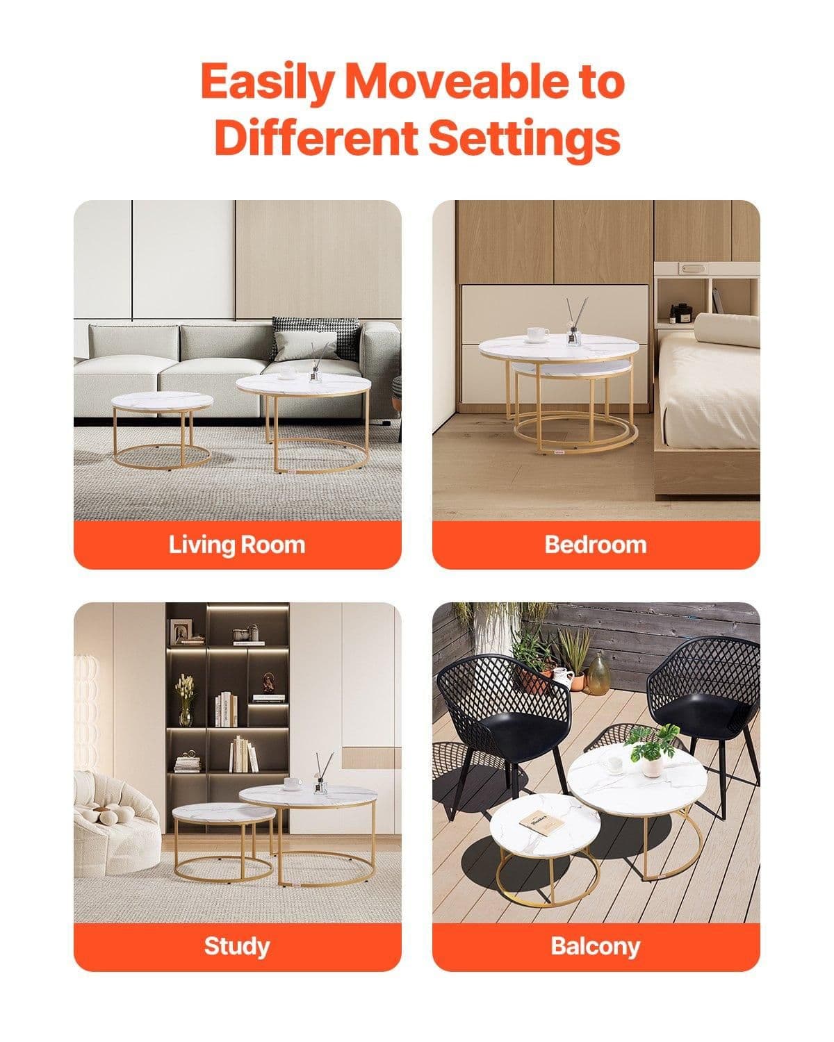 image-VEVOR Nesting Coffee Table Set of 2, 31.5 in Round Coffee Table, Nesting Tables for Small Place, Vintage End Side Tables Night Stand with Metal Frame, for Living Room, Bedroom, Office (White & Gold)