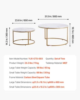 image-VEVOR Nesting Coffee Table Set of 2, 31.5 in Round Coffee Table, Nesting Tables for Small Place, Vintage End Side Tables Night Stand with Metal Frame, for Living Room, Bedroom, Office (White & Gold)