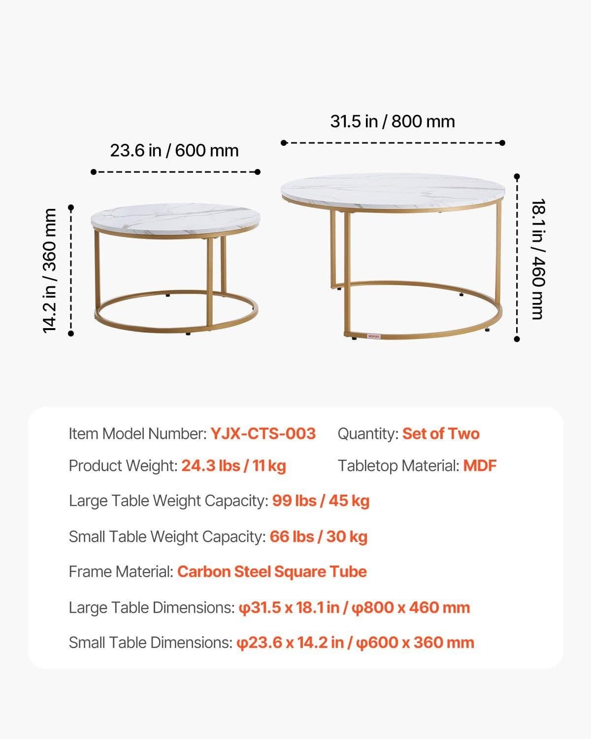 image-VEVOR Nesting Coffee Table Set of 2, 31.5 in Round Coffee Table, Nesting Tables for Small Place, Vintage End Side Tables Night Stand with Metal Frame, for Living Room, Bedroom, Office (White & Gold)