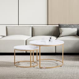 image-VEVOR Nesting Coffee Table Set of 2, 31.5 in Round Coffee Table, Nesting Tables for Small Place, Vintage End Side Tables Night Stand with Metal Frame, for Living Room, Bedroom, Office (White & Gold)