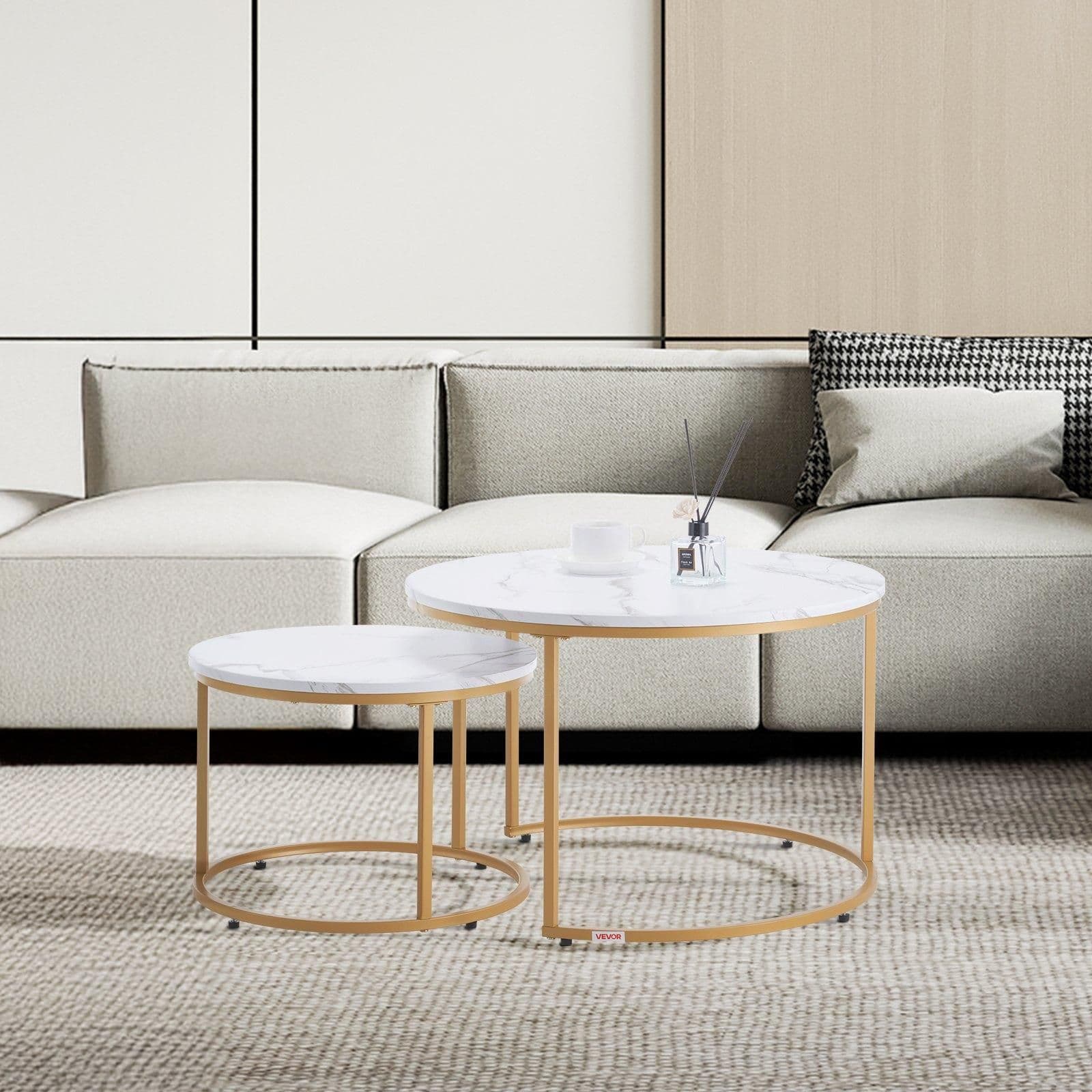 image-VEVOR Nesting Coffee Table Set of 2, 31.5 in Round Coffee Table, Nesting Tables for Small Place, Vintage End Side Tables Night Stand with Metal Frame, for Living Room, Bedroom, Office (White & Gold)