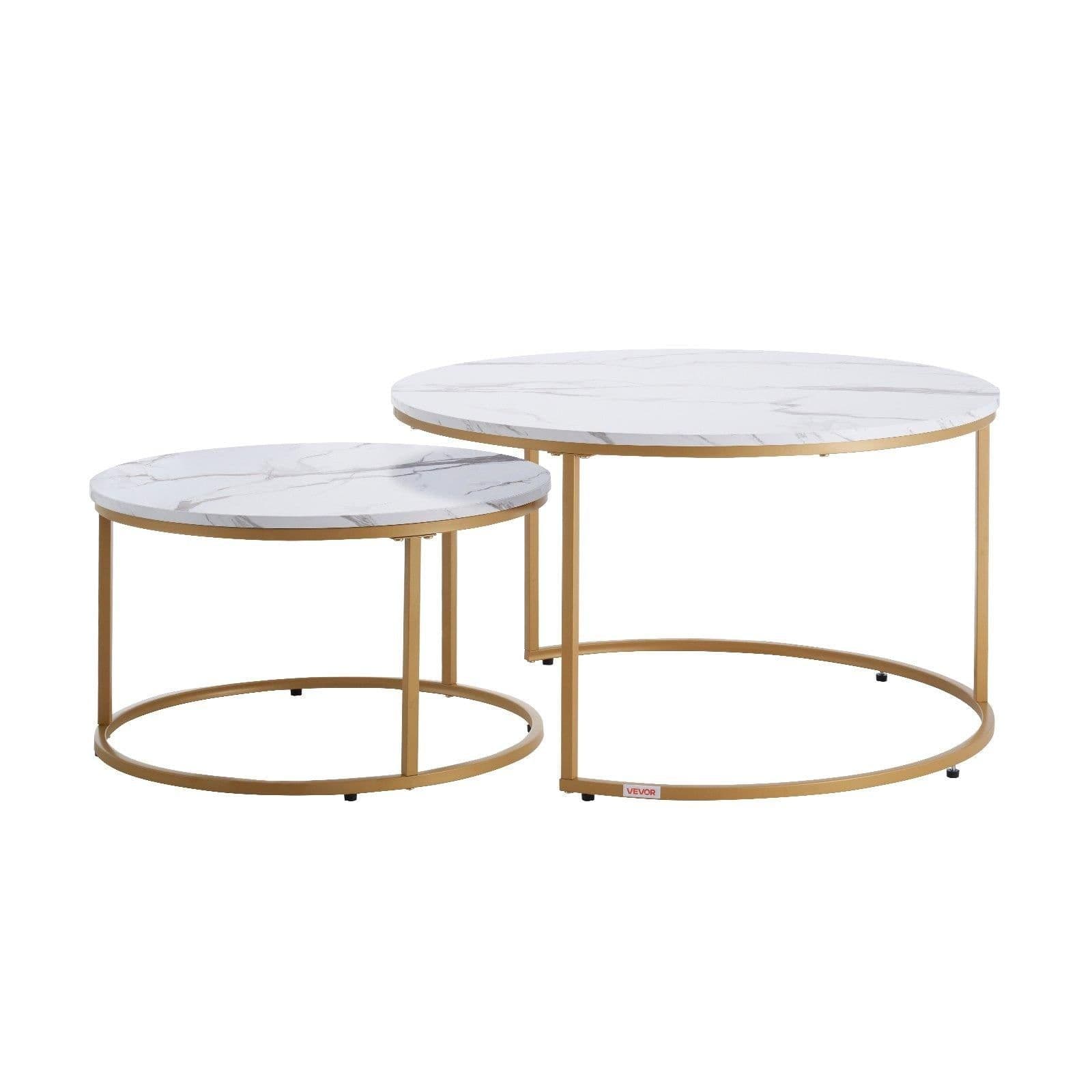 image-VEVOR Nesting Coffee Table Set of 2, 31.5 in Round Coffee Table, Nesting Tables for Small Place, Vintage End Side Tables Night Stand with Metal Frame, for Living Room, Bedroom, Office (White & Gold)