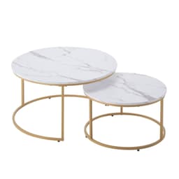 image-VEVOR Nesting Coffee Table Set of 2, 31.5 in Round Coffee Table, Nesting Tables for Small Place, Vintage End Side Tables Night Stand with Metal Frame, for Living Room, Bedroom, Office (White & Gold)