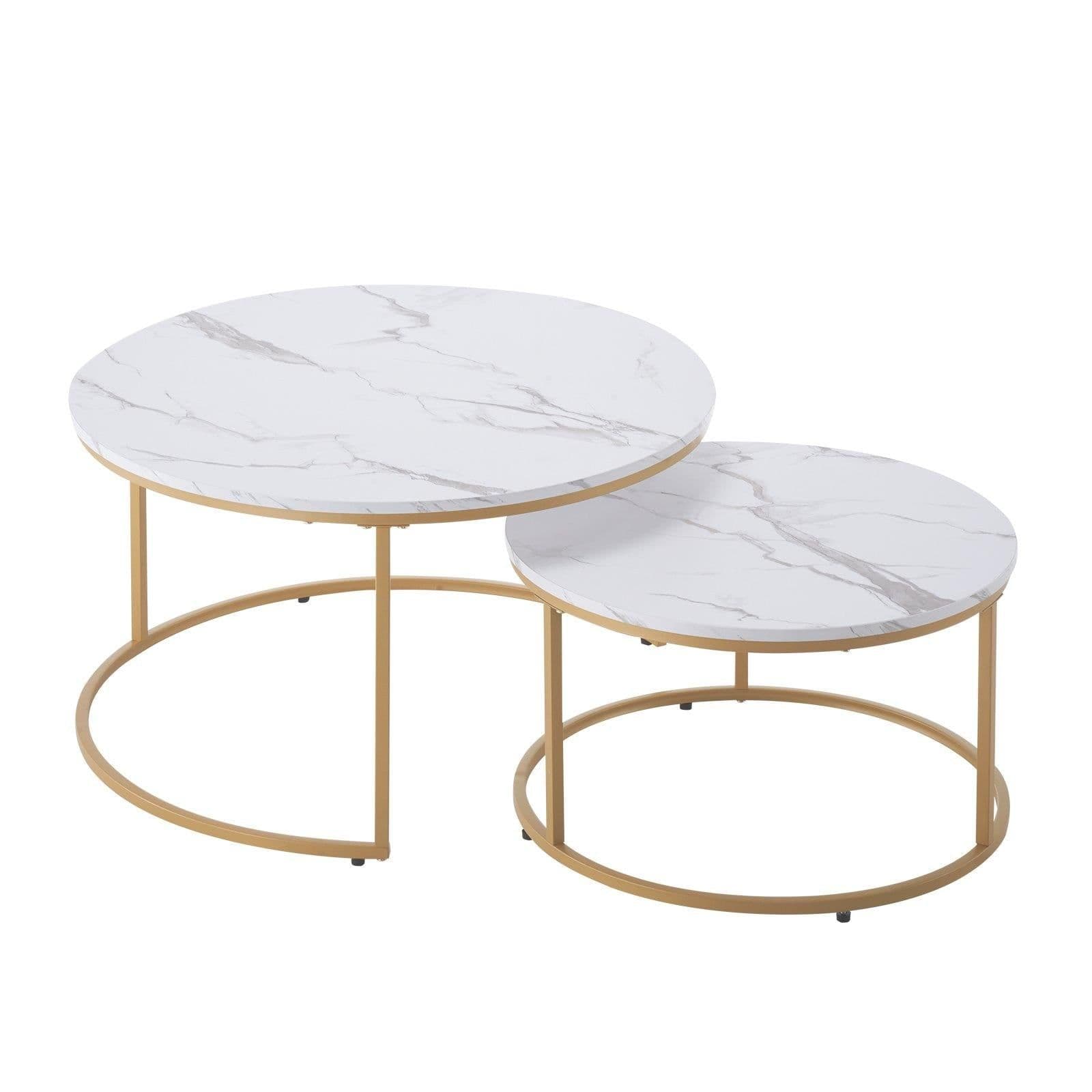 image-VEVOR Nesting Coffee Table Set of 2, 31.5 in Round Coffee Table, Nesting Tables for Small Place, Vintage End Side Tables Night Stand with Metal Frame, for Living Room, Bedroom, Office (White & Gold)
