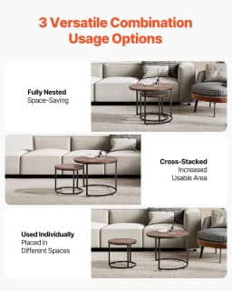 image-VEVOR Nesting Coffee Table Set of 2, 23.6 in Round Coffee Table, Nesting Tables for Small Place, End Side Tables Night Stand with Metal Frame, for Living Room, Bedroom, Office (Vintage Brown & Black)