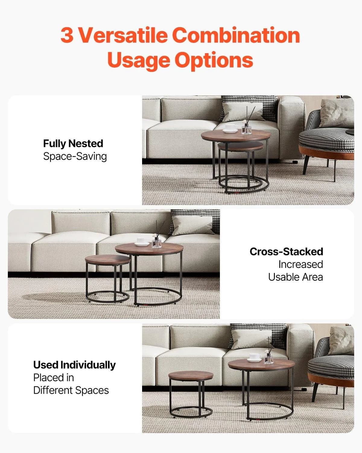 image-VEVOR Nesting Coffee Table Set of 2, 23.6 in Round Coffee Table, Nesting Tables for Small Place, End Side Tables Night Stand with Metal Frame, for Living Room, Bedroom, Office (Vintage Brown & Black)