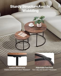 image-VEVOR Nesting Coffee Table Set of 2, 23.6 in Round Coffee Table, Nesting Tables for Small Place, End Side Tables Night Stand with Metal Frame, for Living Room, Bedroom, Office (Vintage Brown & Black)