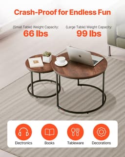image-VEVOR Nesting Coffee Table Set of 2, 23.6 in Round Coffee Table, Nesting Tables for Small Place, End Side Tables Night Stand with Metal Frame, for Living Room, Bedroom, Office (Vintage Brown & Black)